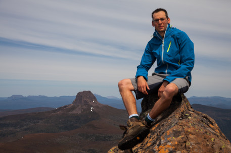 At the summit of Cradle Mountain. Barn Bluff is visible in the background