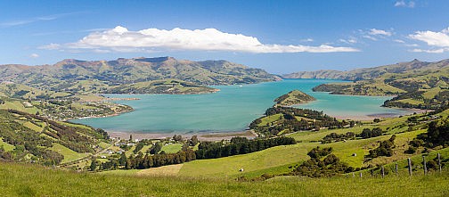 Akaroa Bay amidst the green hills of Banks Peninsular